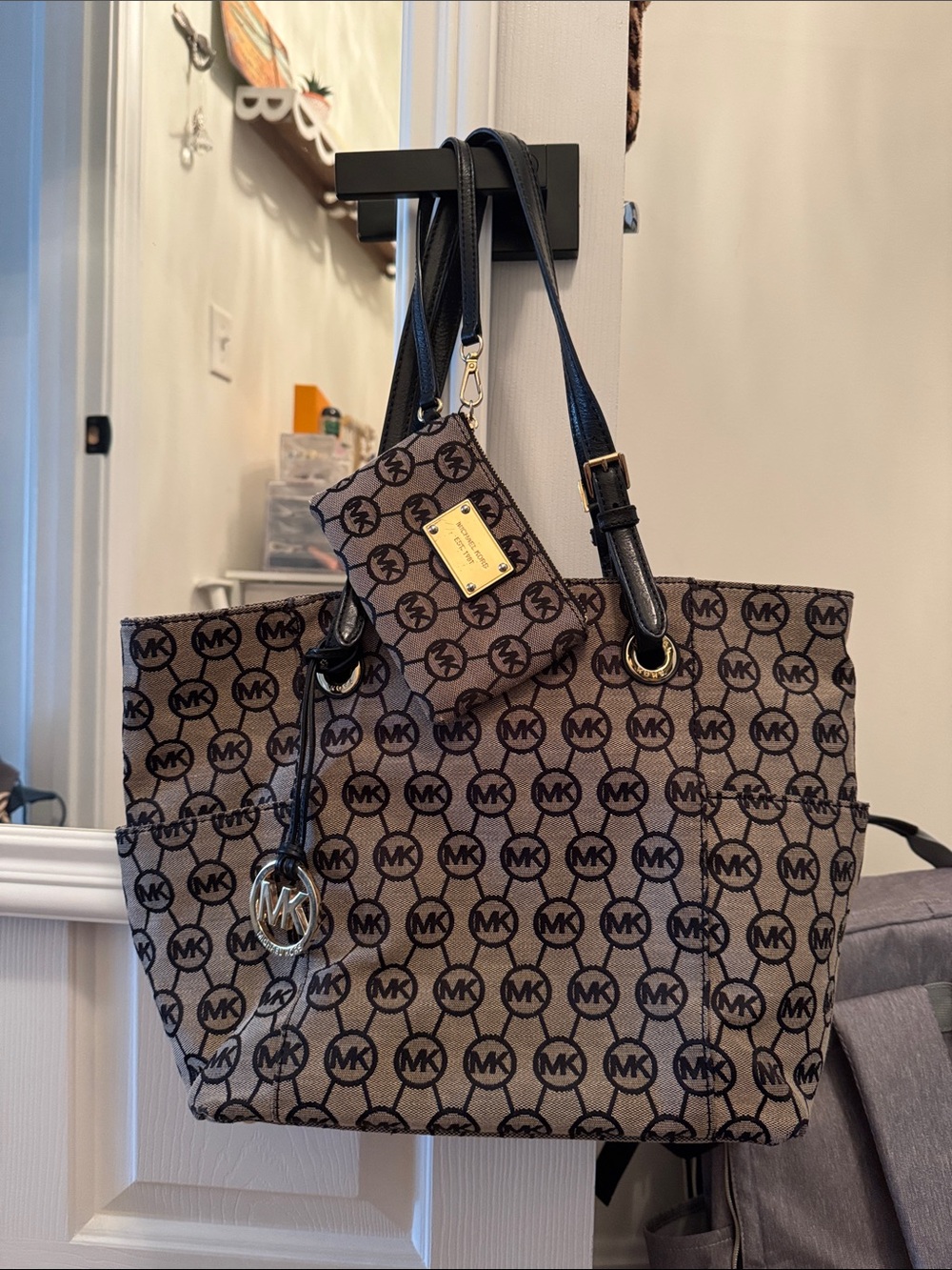 Michael Kors Beige Brown MK Logo Tote with Black Straps